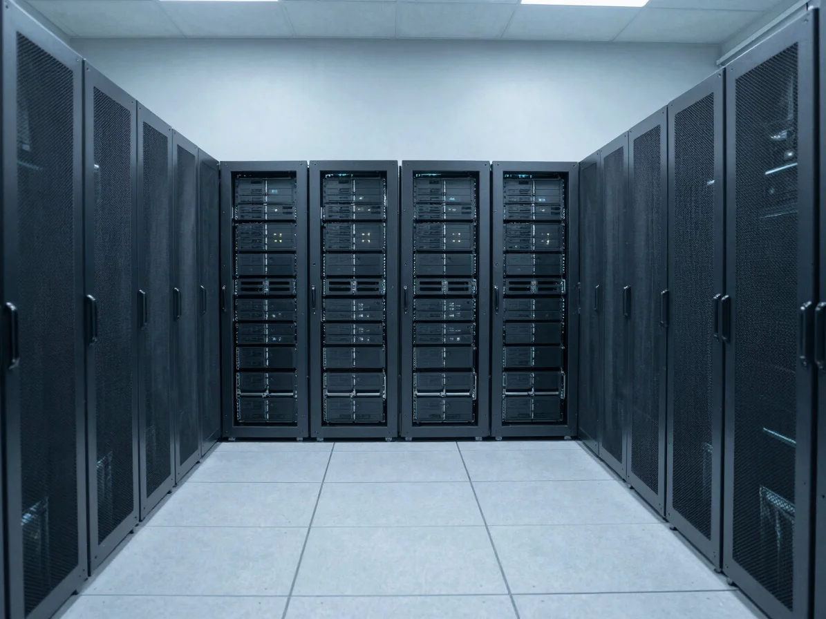 Wide orderly view of server equipment in a neutral data hall, res