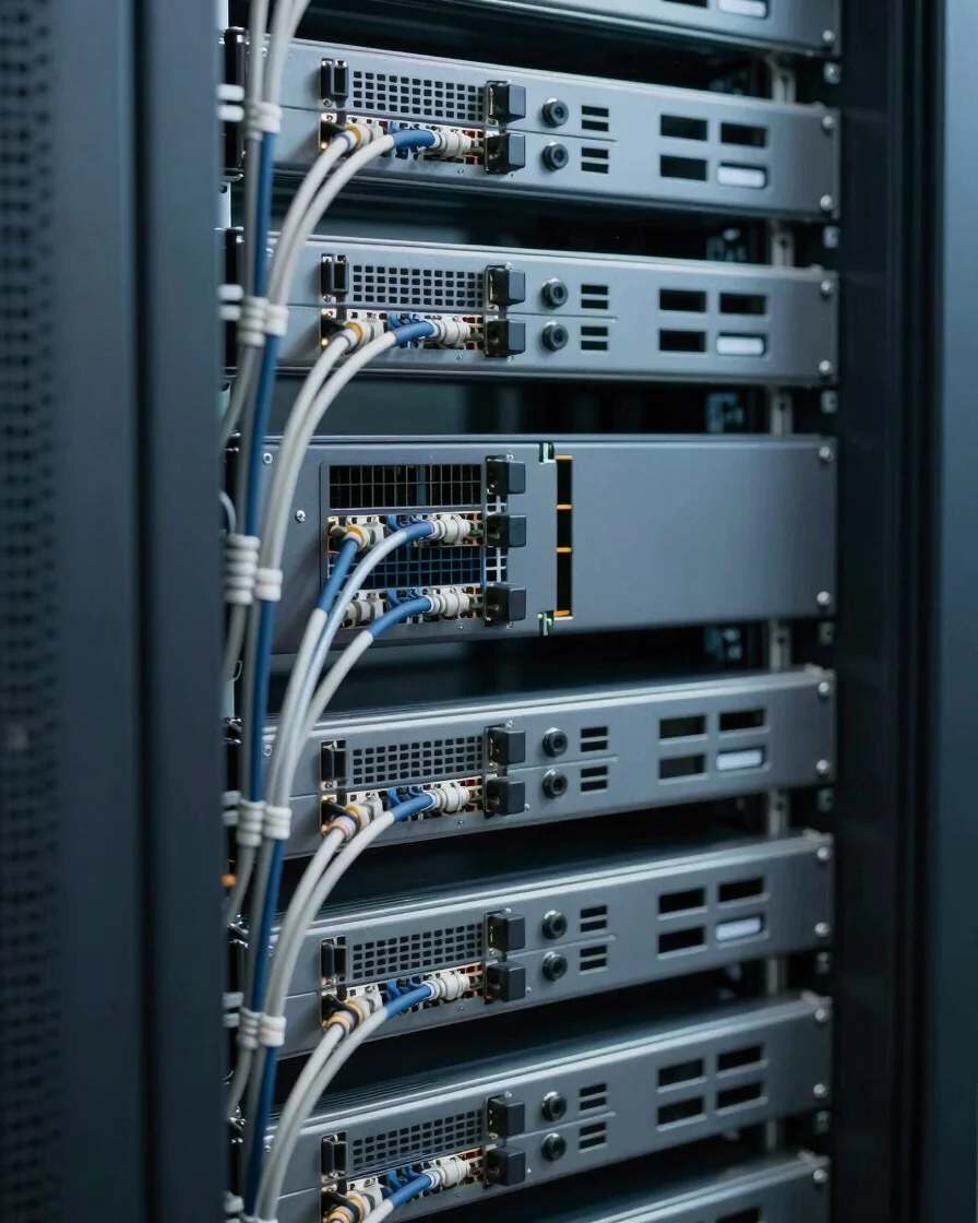Close detail of data-center hardware, precise cable routing and rack components, restrained cool neutral studio light, g