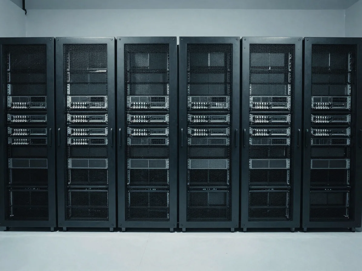 Orderly wide view of server equipment in a neutral, cool studio light, graphite and soft blue tones, restrained technolo