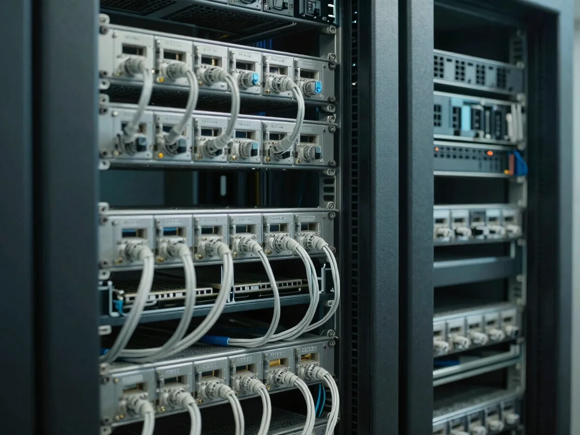 Close detail of data-center hardware with precise cable routing, cool neutral light, graphite and soft blue tones, restr