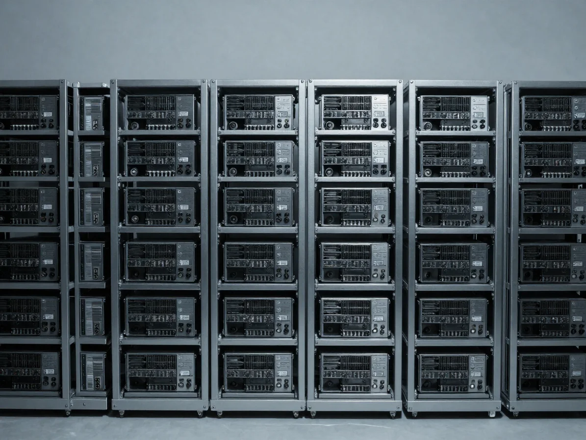 Orderly rows of storage hardware in a controlled, neutral studio setting, graphite tones, restrained technology editoria