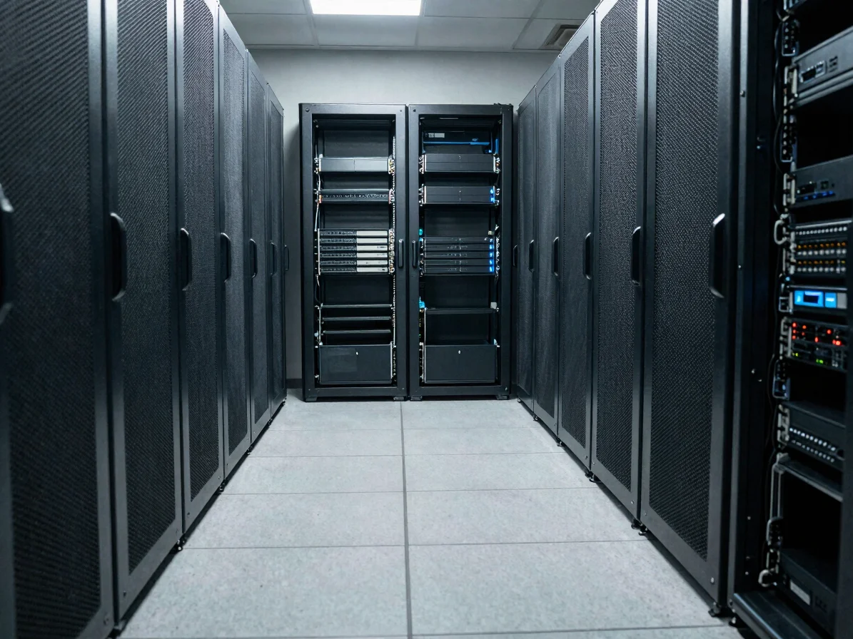 Wide, quiet view of server racks under soft neutral light, cool blue highlights, restrained technology editorial photogr
